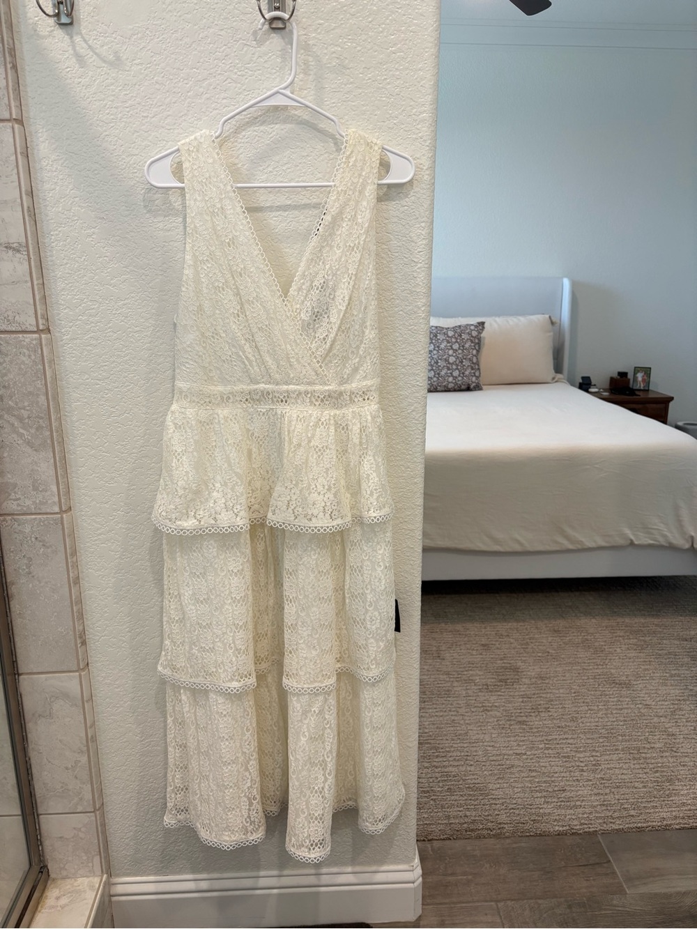 Lulu's Cream Lace Tiered V-Neck Maxi Dress